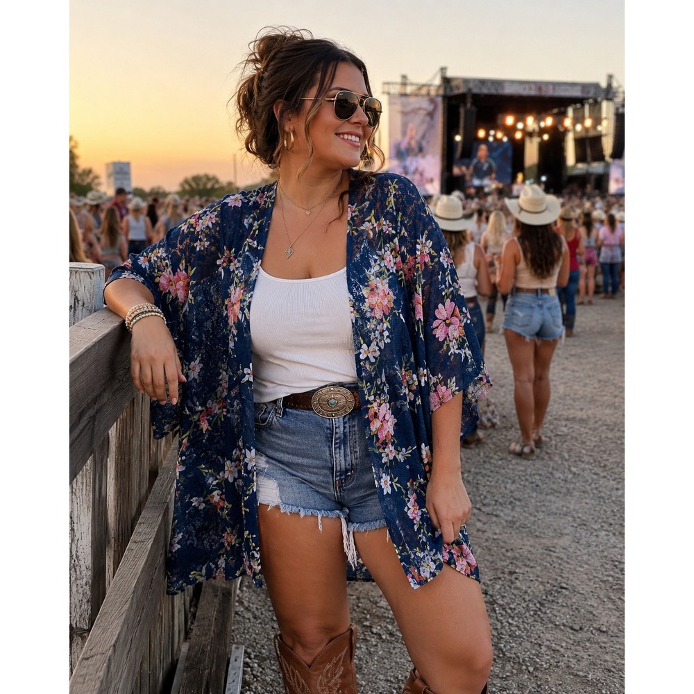 Maurices Floral Kimono Cardigan Large Blue Boho Lightweight‎ Layer